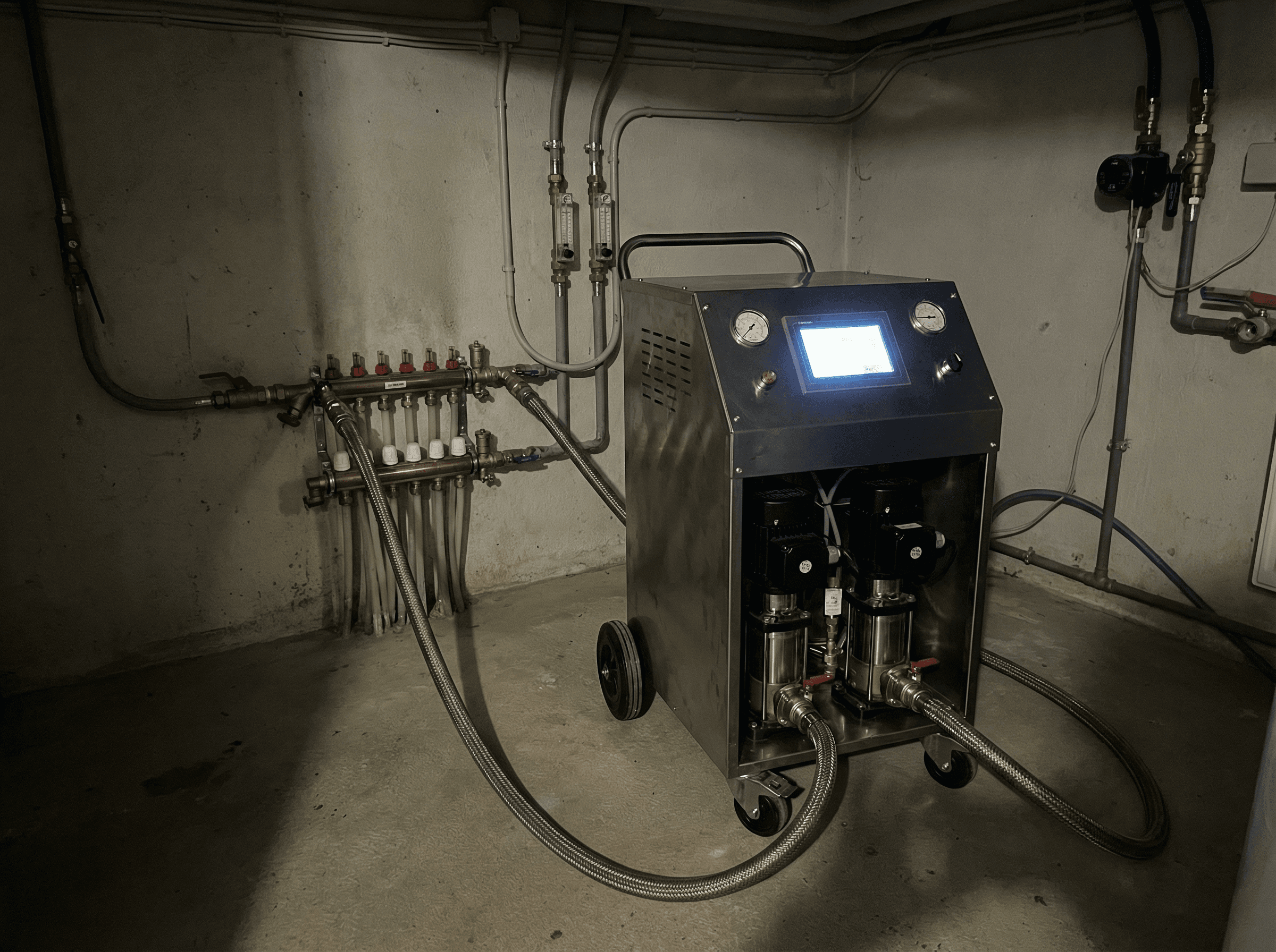 Professionell spolningsutrustning för vattenburna värmesystem